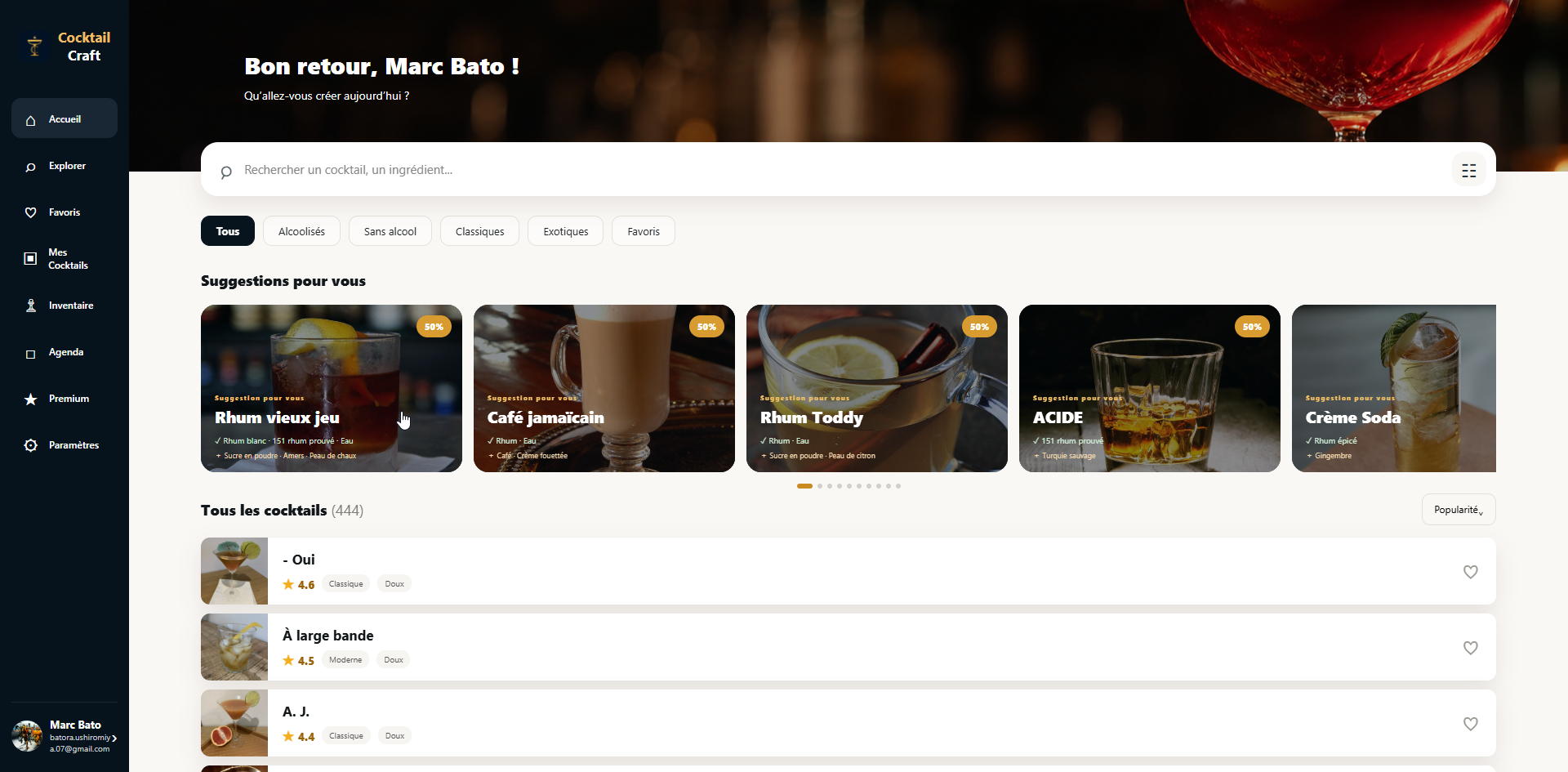 Interface responsive de Cocktail Craft