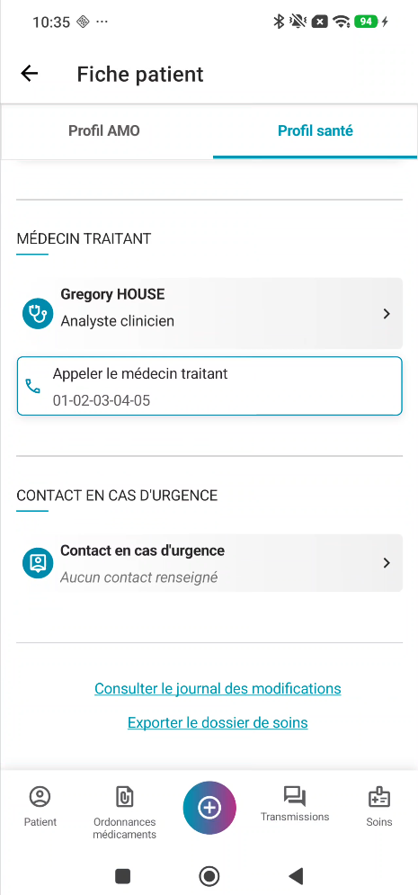 Informations du dossier de soins