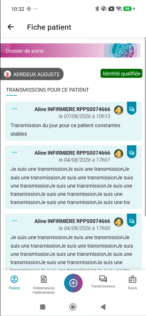 Liste des transmissions du patient
